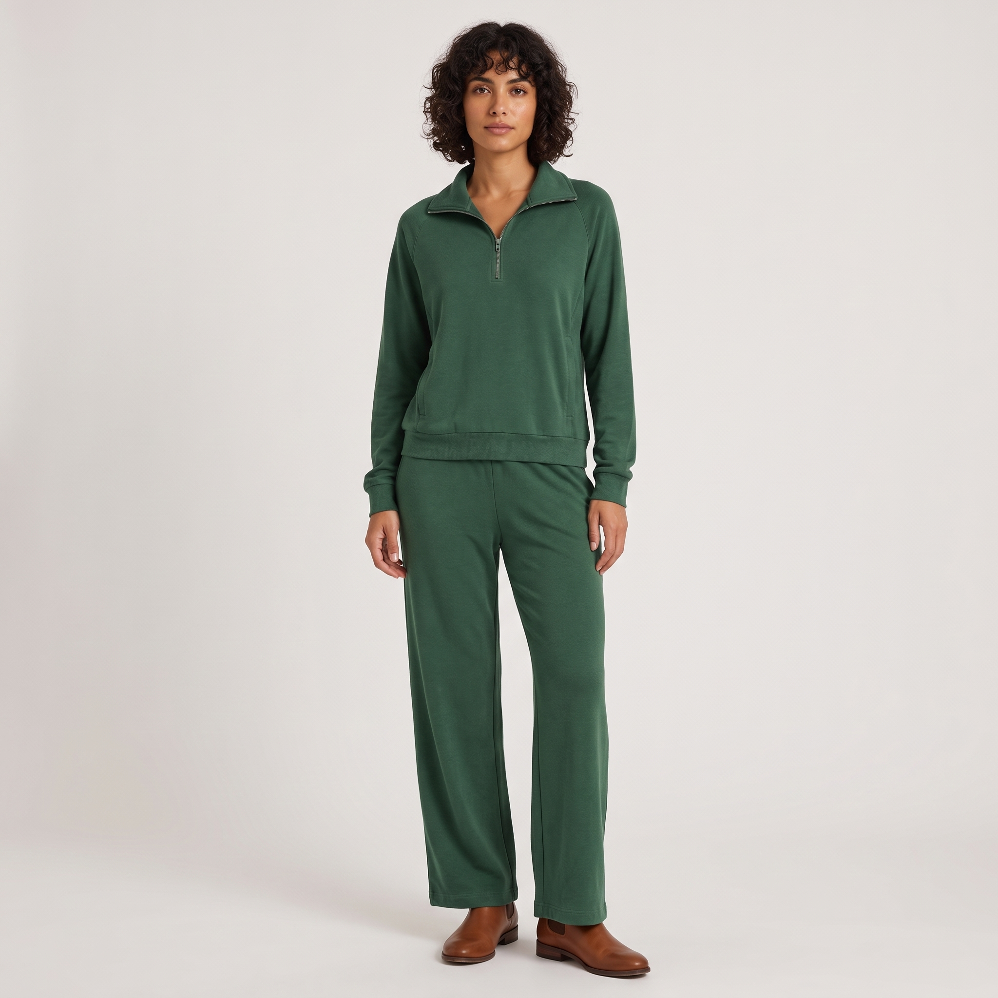 Zestaw loungewear damski – bluza z krótkim zamkiem i spodnie wide leg – Ciemnozielony