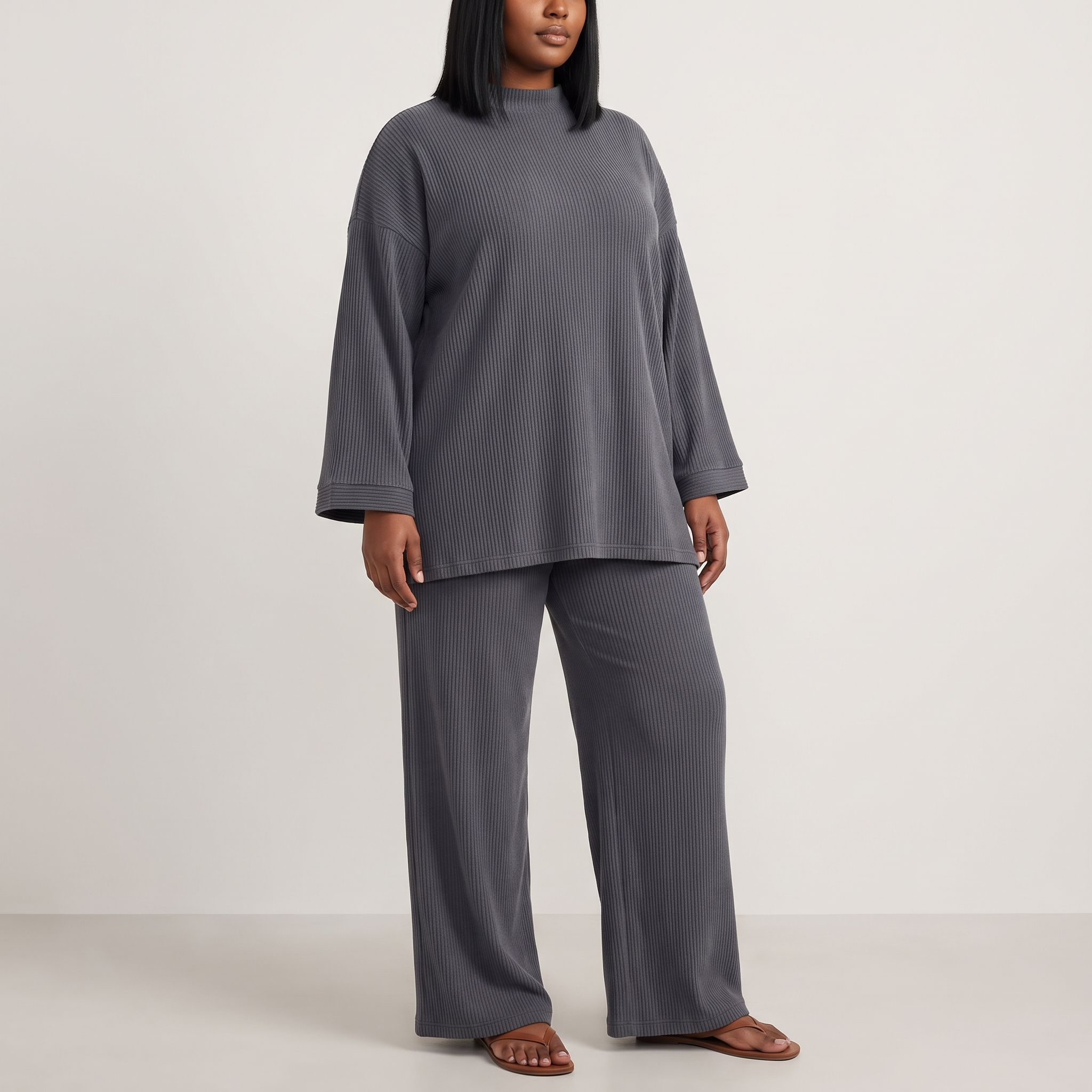 Ingrid Prążkowany Komplet Loungewear – Oversize Top i Szerokie Spodnie – Niebieski (detail)