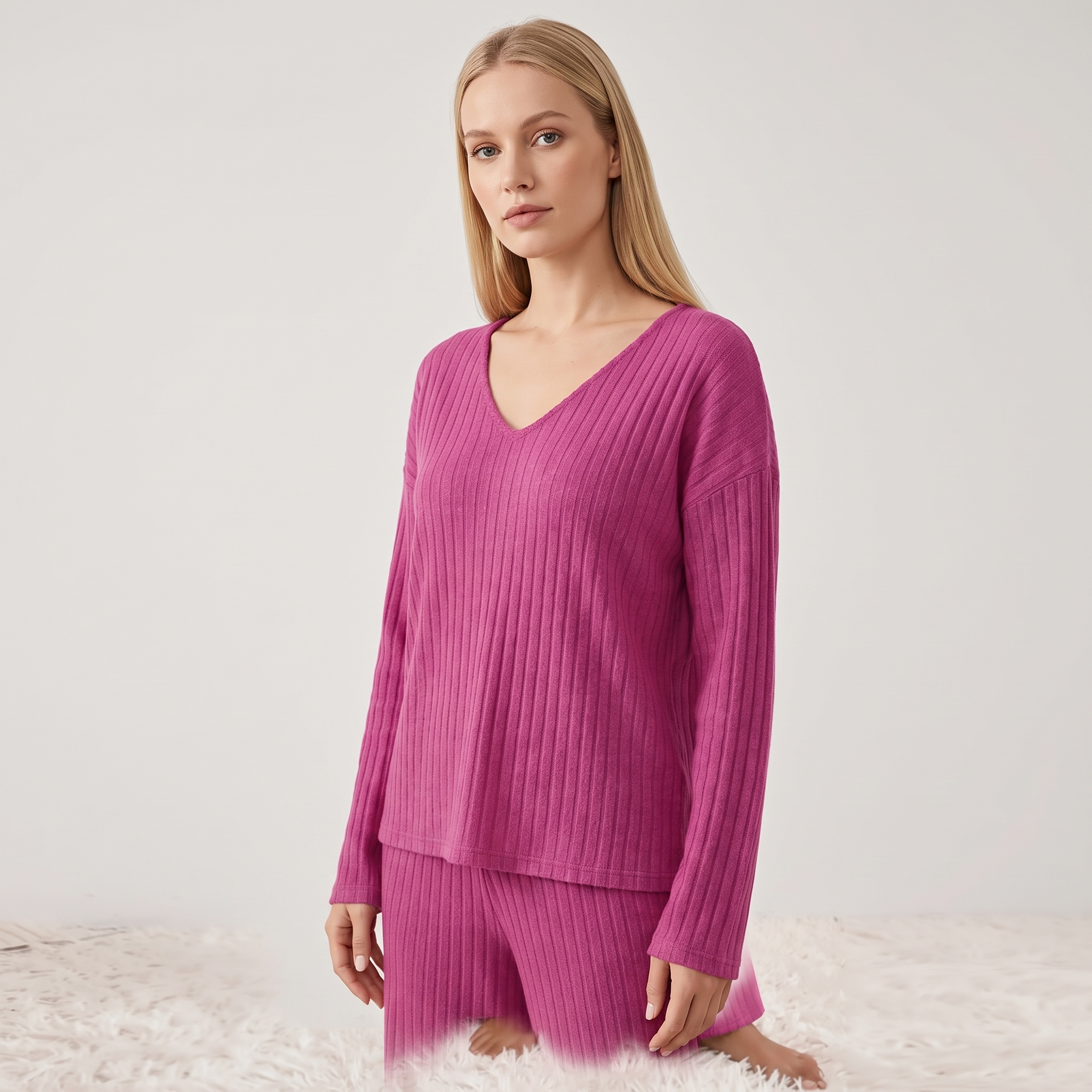 Prążkowany komplet loungewear damski – top z dekoltem V i szerokie spodnie – Różowy (detail)