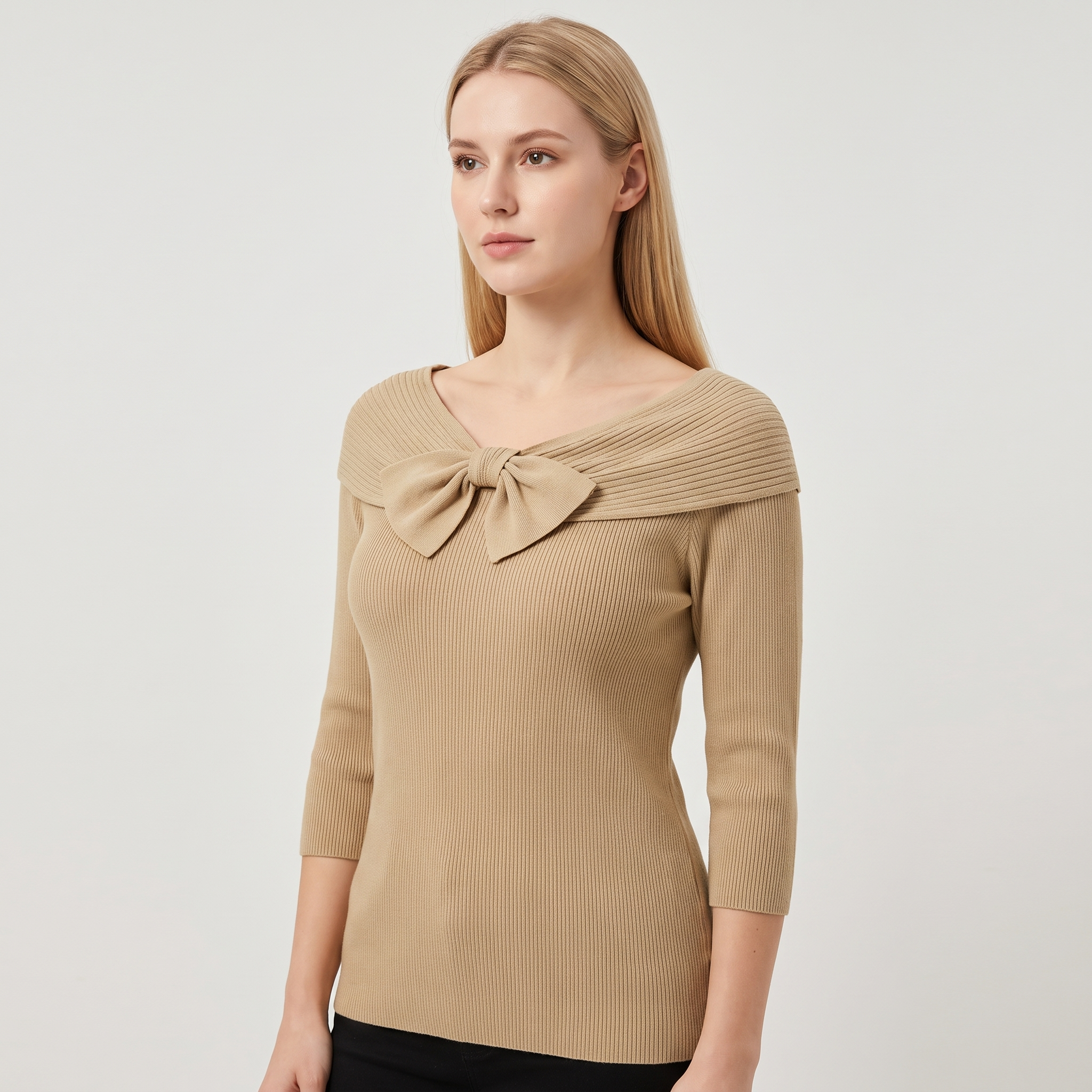 Ilona – prążkowany sweter z kokardą – kobiecy i wszechstronny – Khaki (detail)