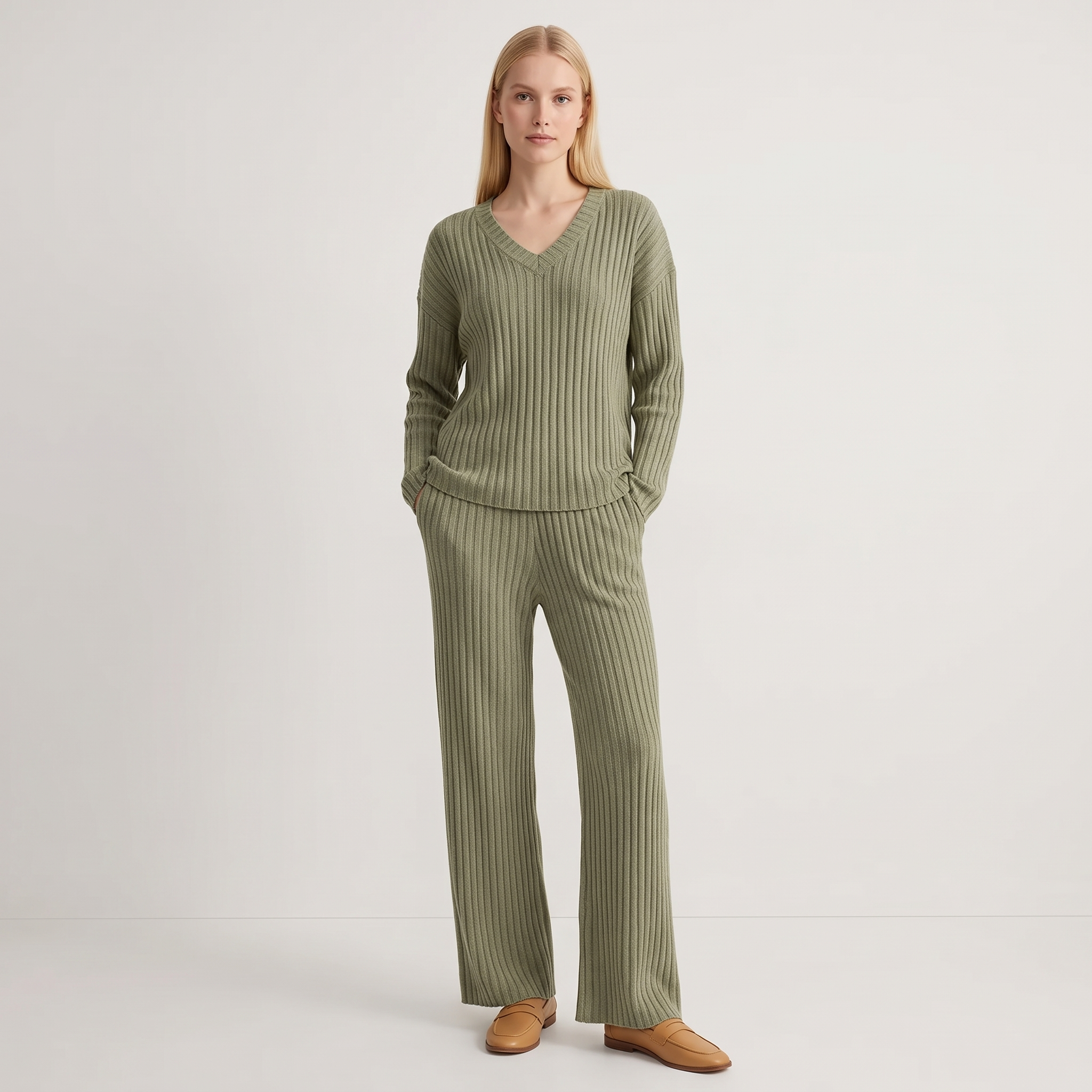 Prążkowany komplet loungewear damski – top z dekoltem V i szerokie spodnie – Oliwkowy