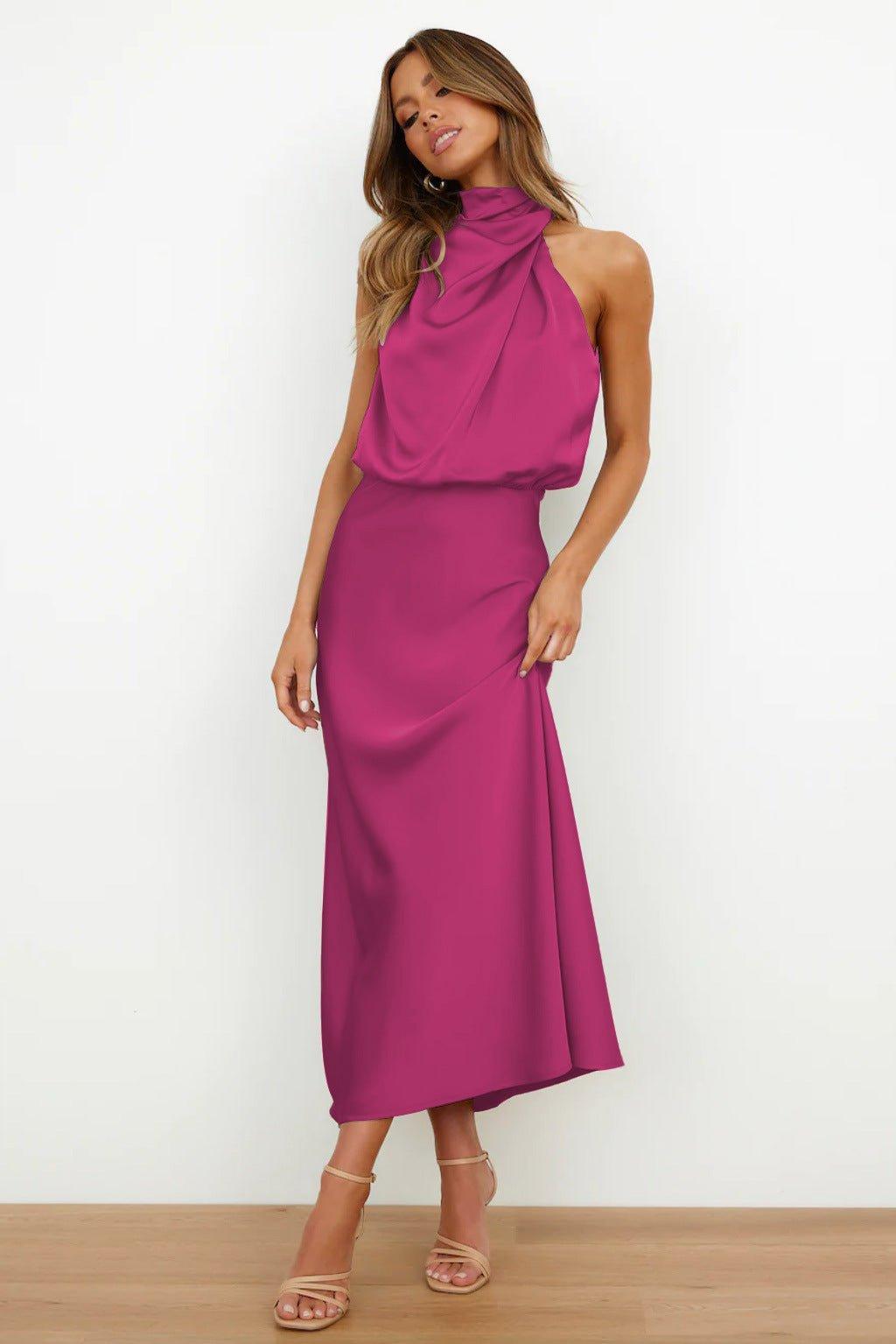 Sukienka maxi damska – satynowa sukienka z dekoltem typu halter, lejąca się | elegancka długa suknia wieczorowa – Fioletowy