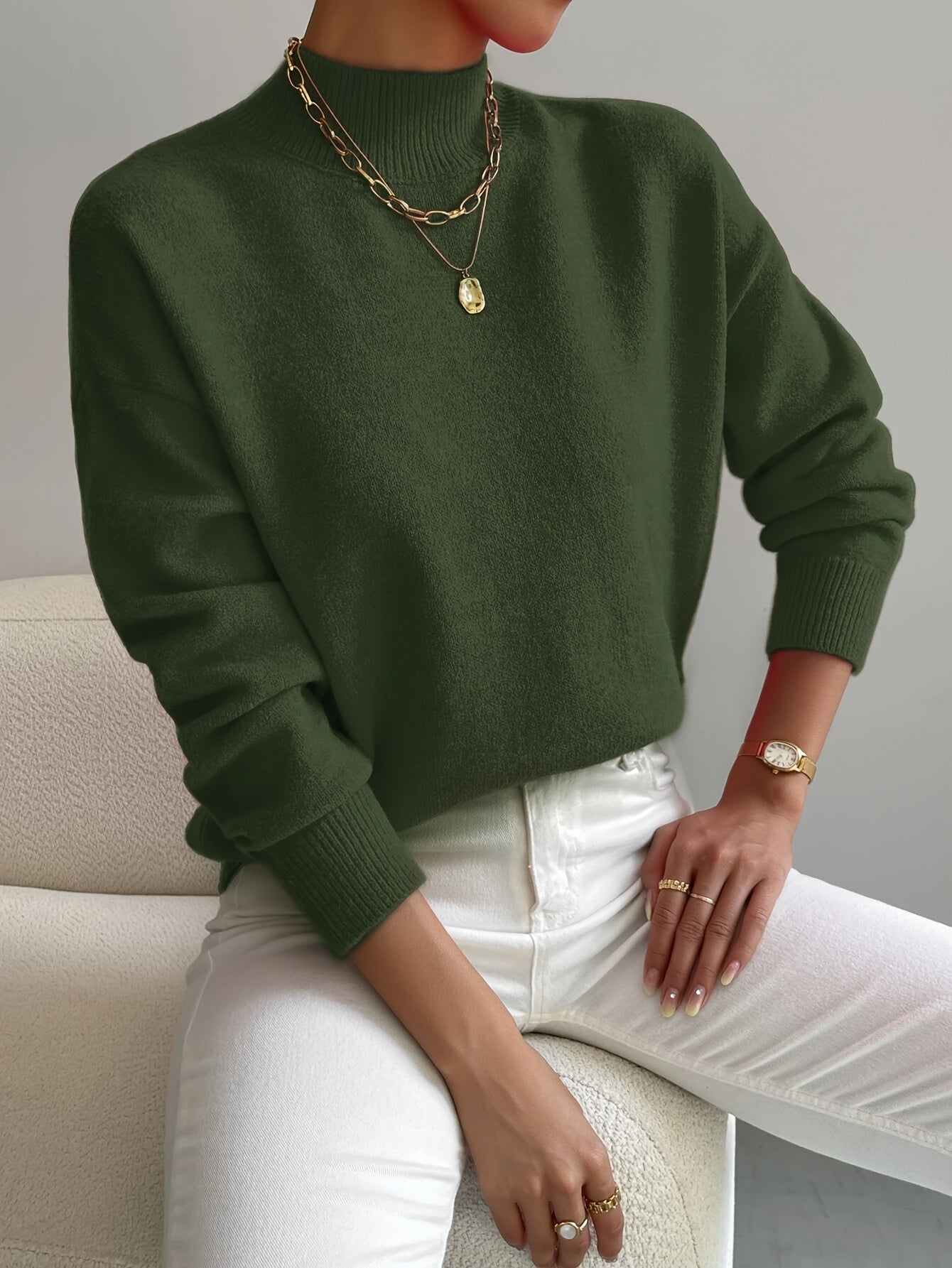 Liliana – Prążkowany sweter z wysokim kołnierzem – Zielony