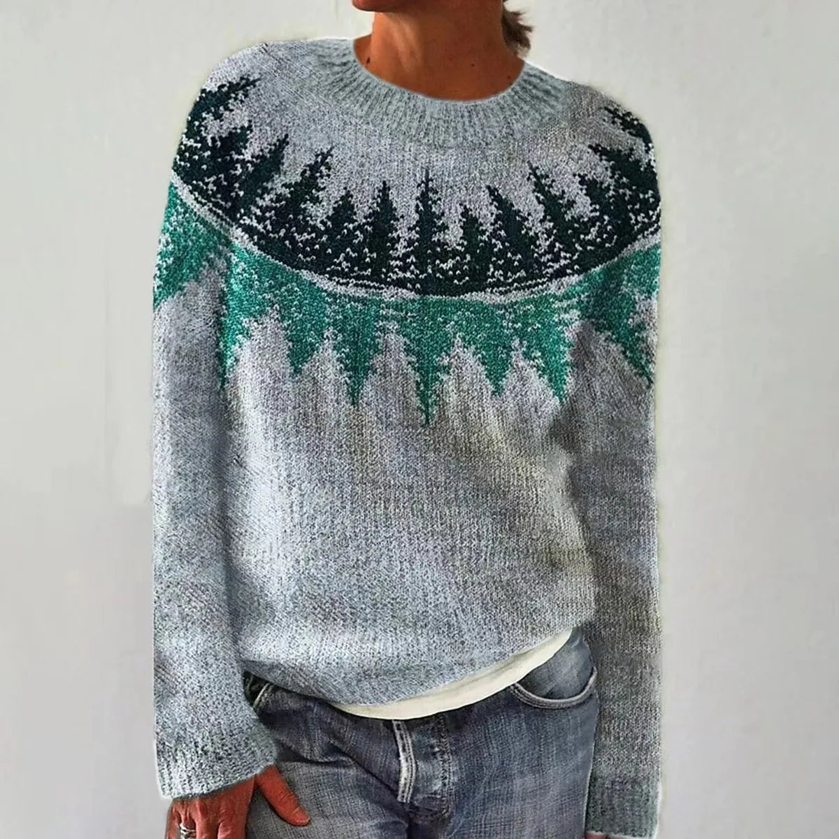 Wirginia – Sweter oversize z żakardowym wzorem przy dekolcie – Niebieski w drzewka