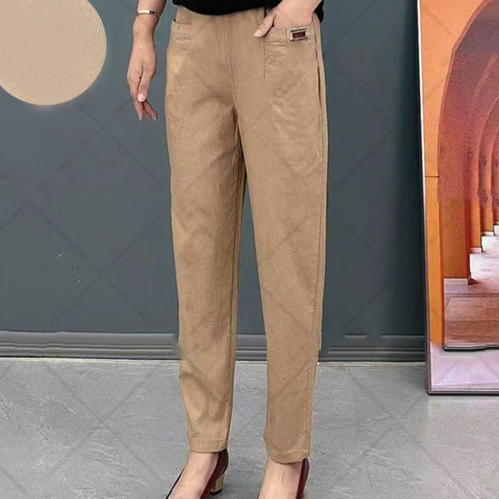 Walentyna – Eleganckie spodnie z elastycznym pasem i kieszeniami – Khaki