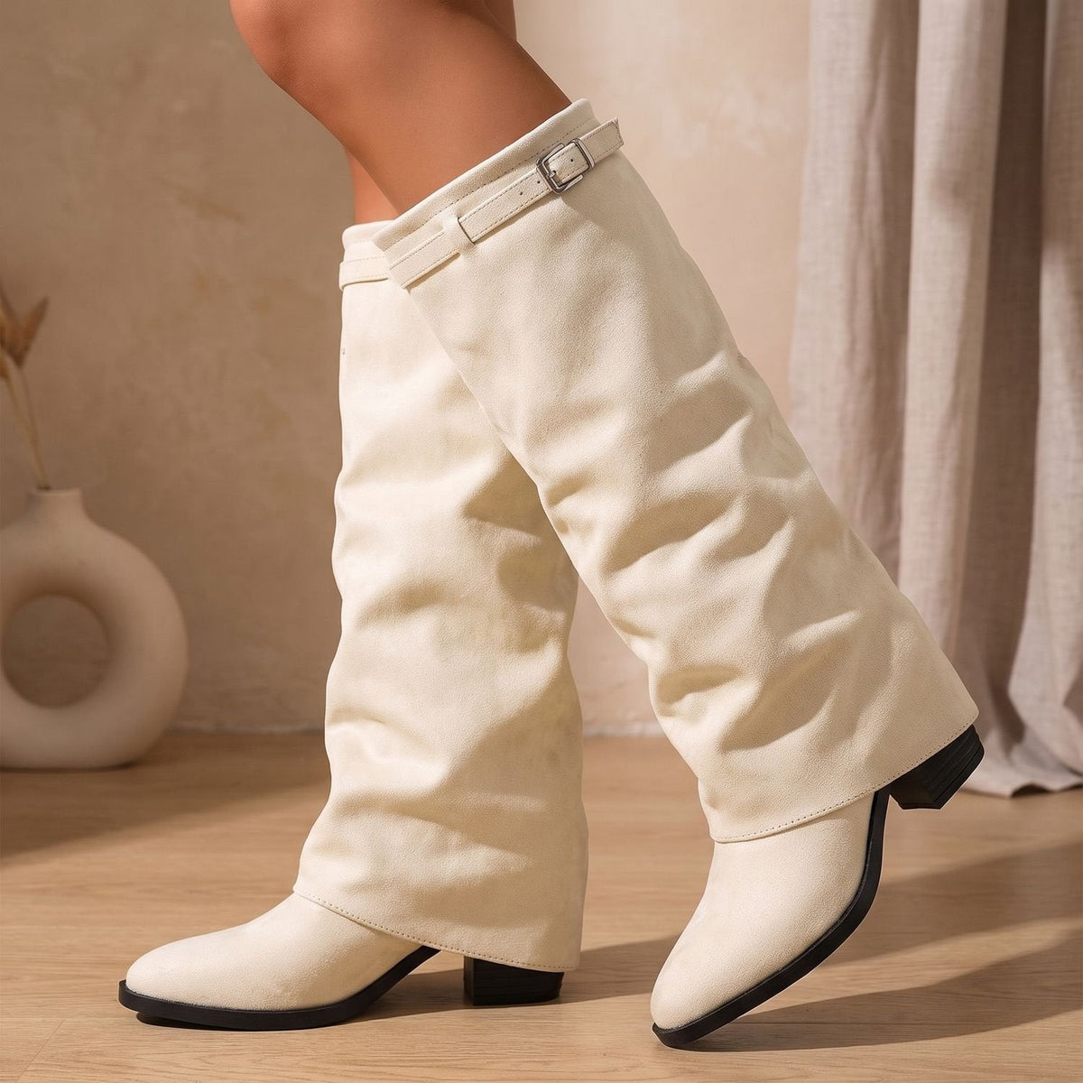 Sybilla – Kozaki slouchy z imitacji zamszu na niskim słupku